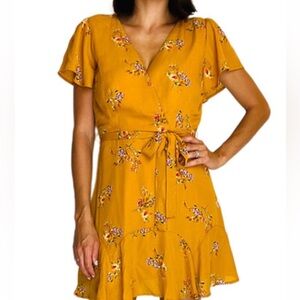 Trixxi Mustard Floral Wrap Midi Dress